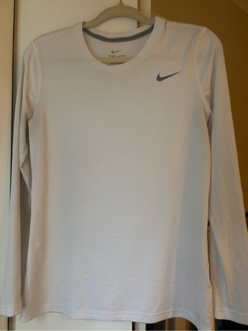 Nike Men’s Long-Sleeve Dri-FIT Crew Shirt - White with Gray Swoosh